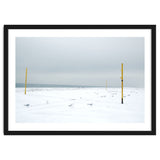Seagulls in between the volleyball poles in winter snow beach thumbnail