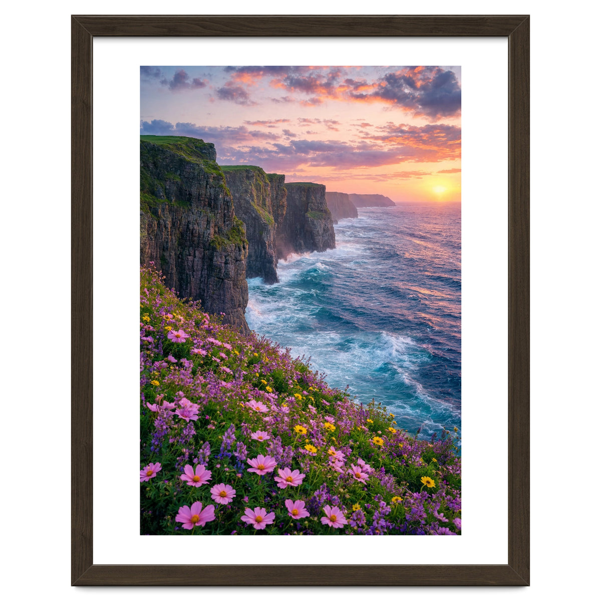 Coastal Sunset Wildflowers: Dramatic Ocean Cliffs and Floral Meadow