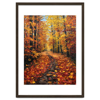 Sun-Drenched Golden Forest Path with Vibrant Autumn Foliage