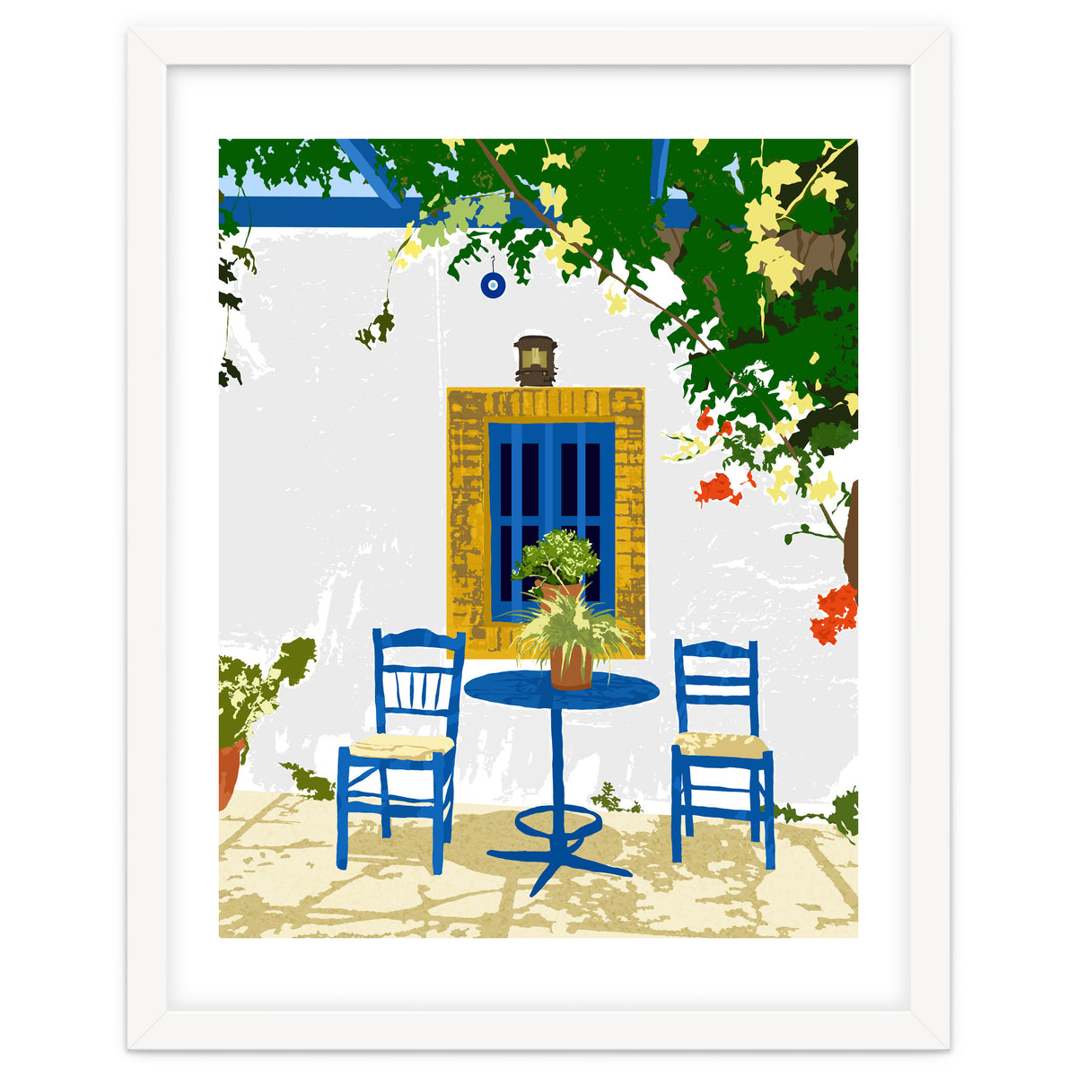 Greek Vacay For Two, Evil Eye Santorini Travel Summer, Eclectic Travel Architecture White Buildings Cafe
