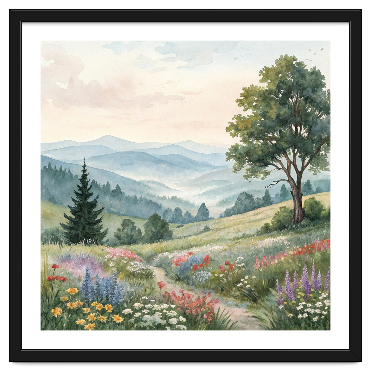 Serene Mountain Meadow Watercolor Landscape
