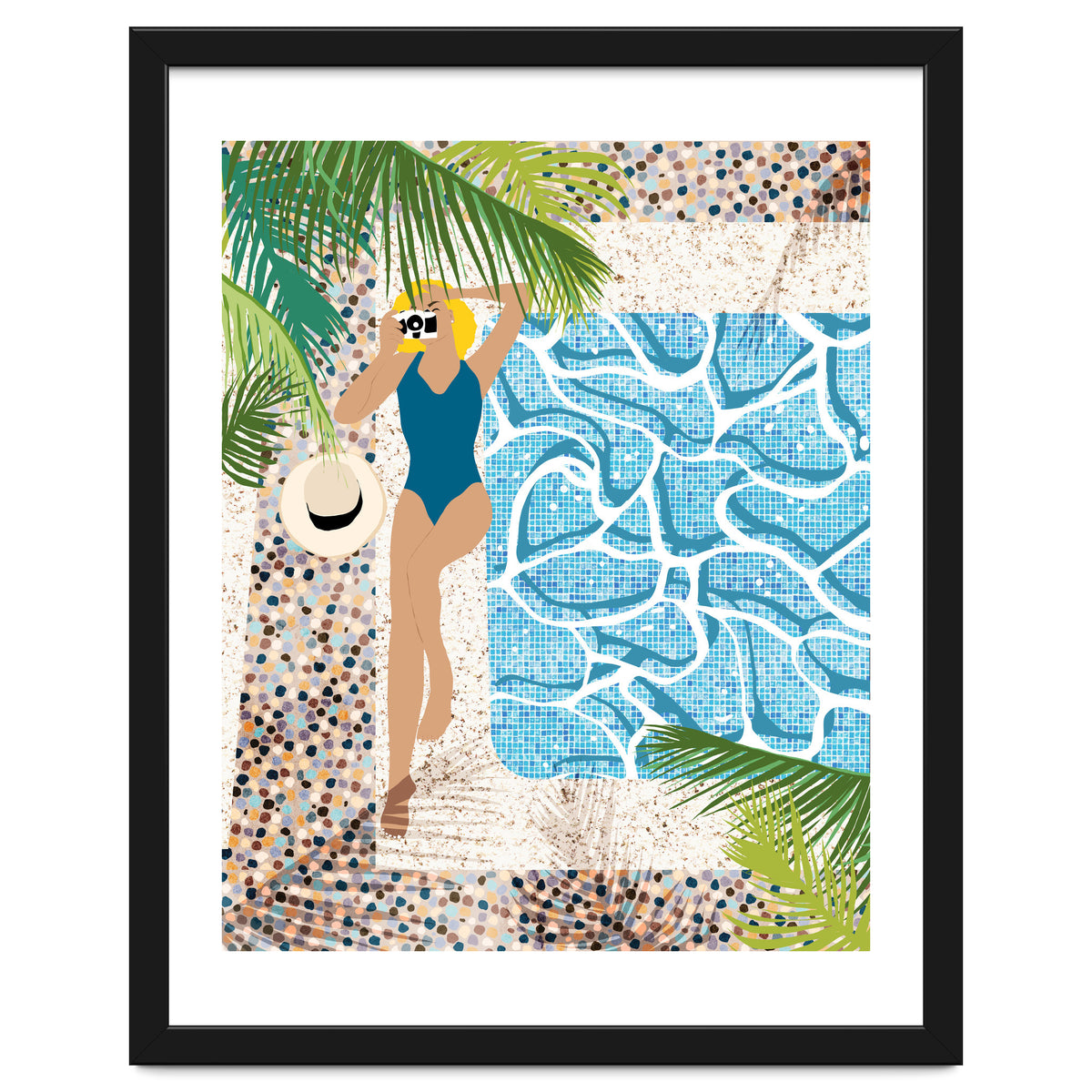 Click, Summer Travel Poolside Swim, Moroccan Tiles Staycation Vacation Holiday, Bohemian Woman Swimsuit Fashion Pose