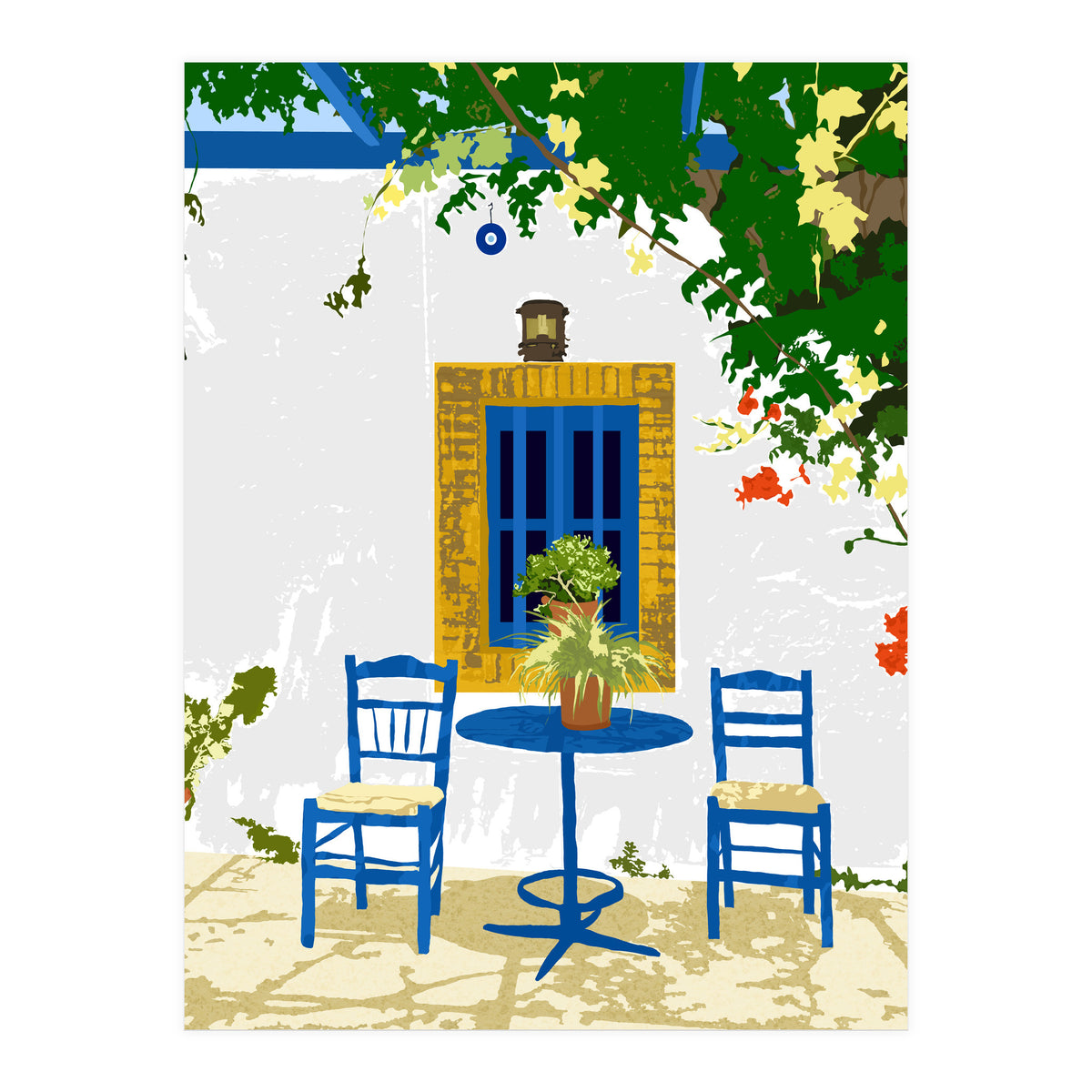 Greek Vacay For Two, Evil Eye Santorini Travel Summer, Eclectic Travel Architecture White Buildings Cafe (Print Only)
