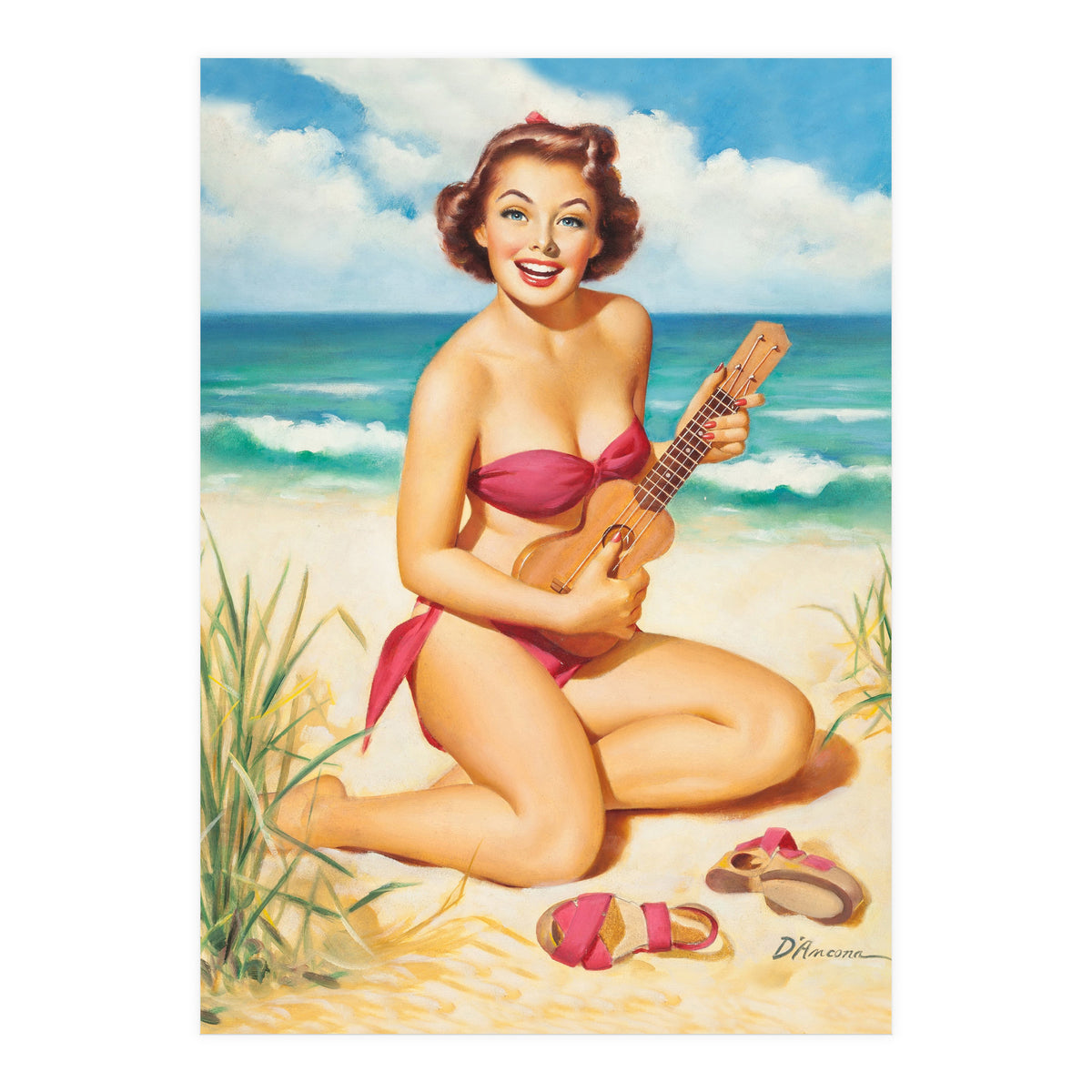 Pinup Girl Playing Ukulele On The Beach (Print Only)