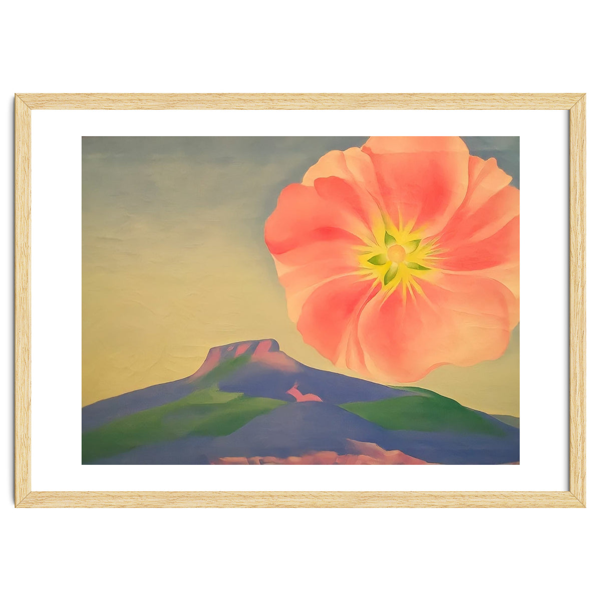 Georgia O’Keeffe – Hollyhock Pink with Pedernal (1937) | Vibrant Modernist Floral Landscape of New Mexico