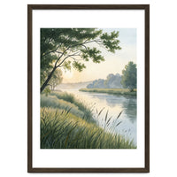 Serene River Sunrise Watercolor Painting with Meadow Grasses and Warm Golden Atmosphere Landscape