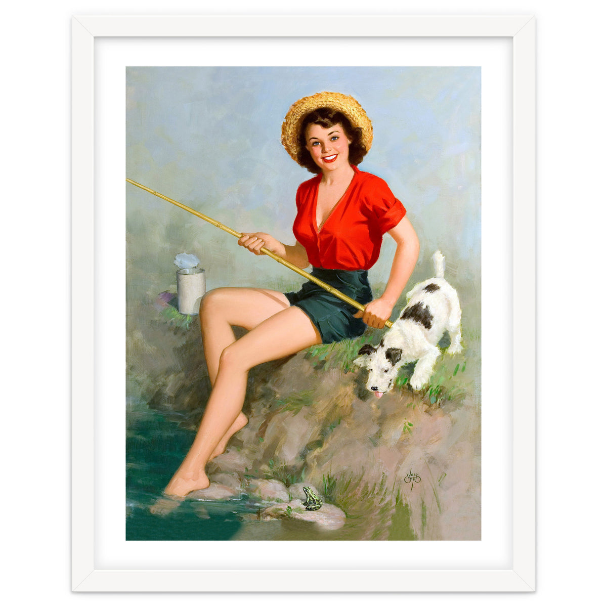 Pinup Girl Fishing With Her Dog