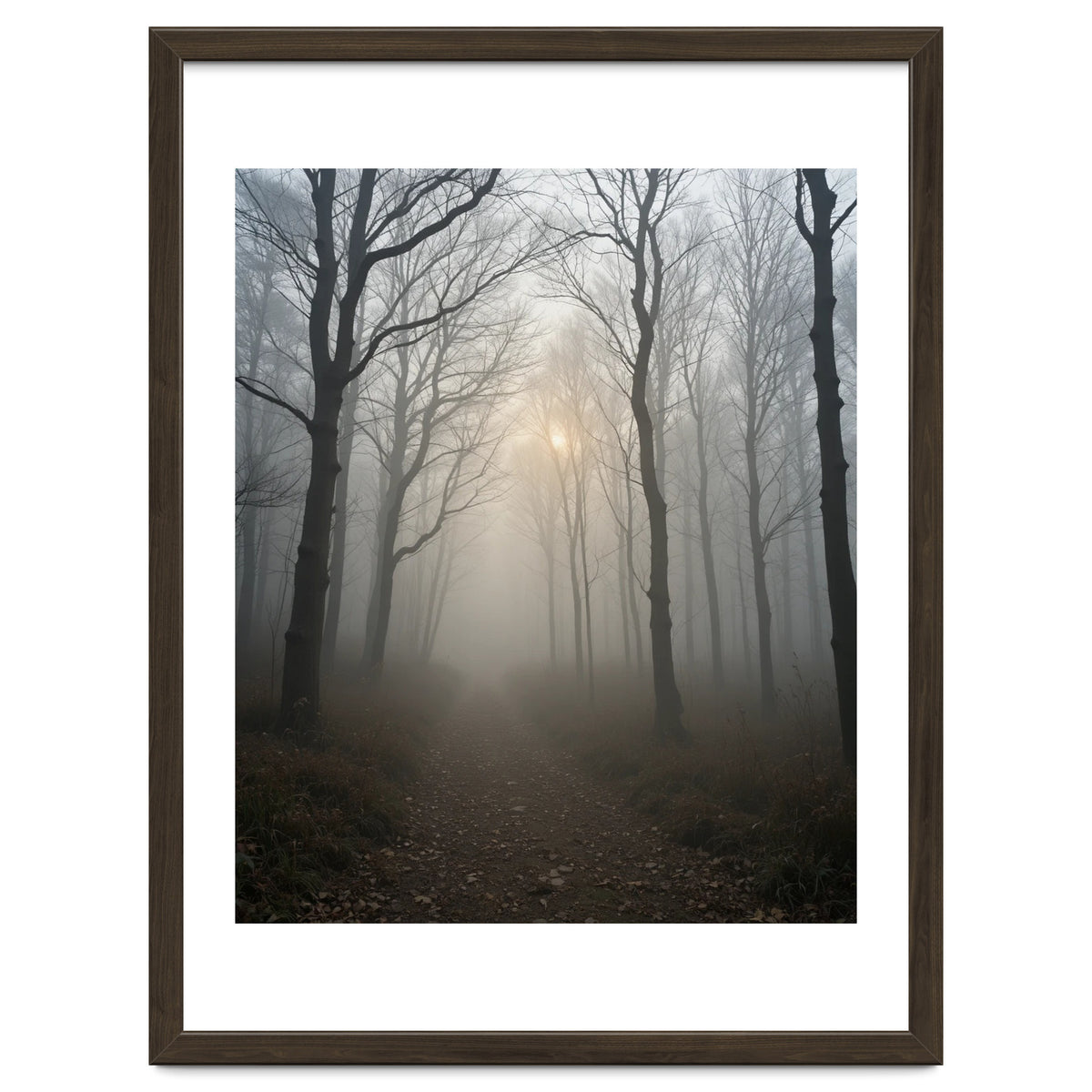 Ethereal Morning Light Breaking Through Dense Forest Fog