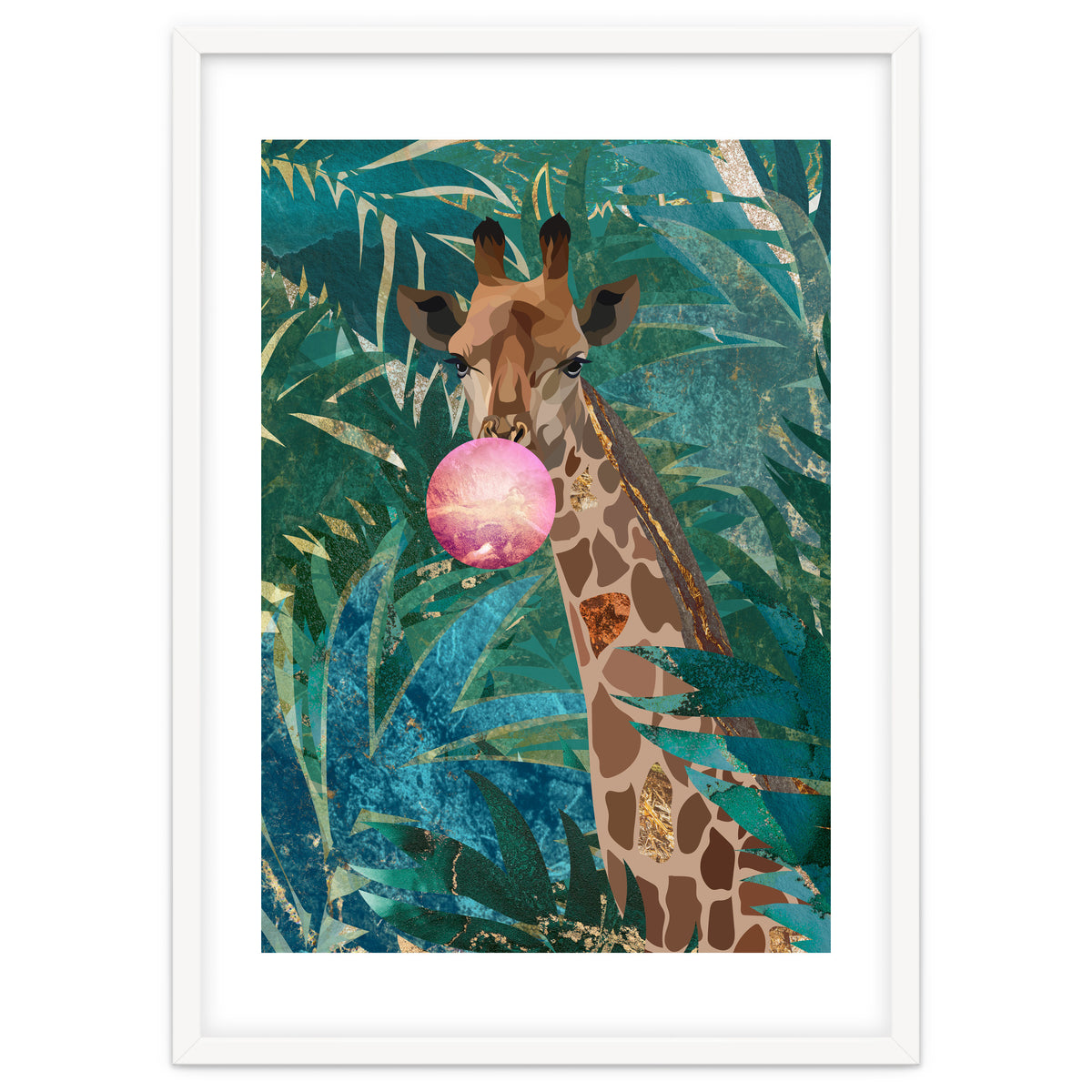 Giraffe blowing a bubble in the jungle