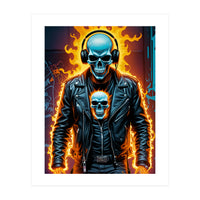 Fiery Skeleton Biker In Headphones (Print Only)