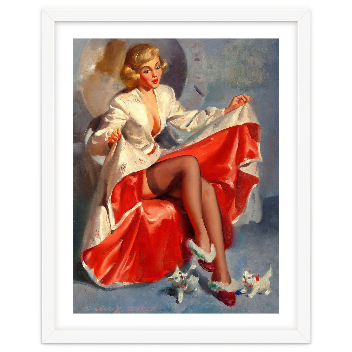 Pinup Girl Playing With Two Little Cats