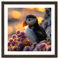 Puffin Bird Amidst Purple Flowers Golden Hour