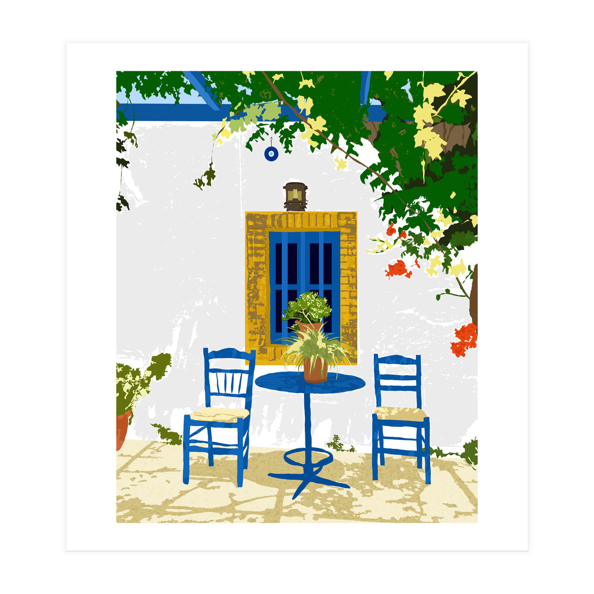 Greek Vacay For Two, Evil Eye Santorini Travel Summer, Eclectic Travel Architecture White Buildings Cafe (Print Only)