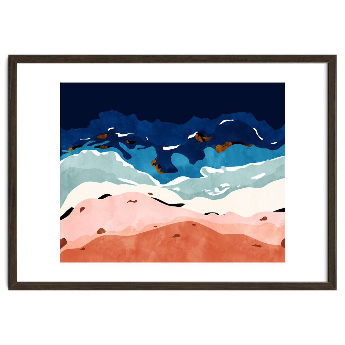 Ocean Heart, Abstract Sea Waves, Tropical Travel Watercolor Painting, Eclectic Bohemian Beach Nature