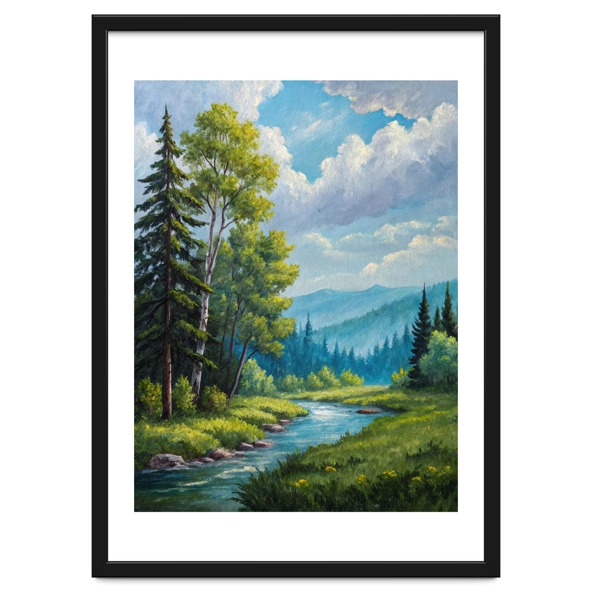 Serene Mountain River Landscape Oil Painting