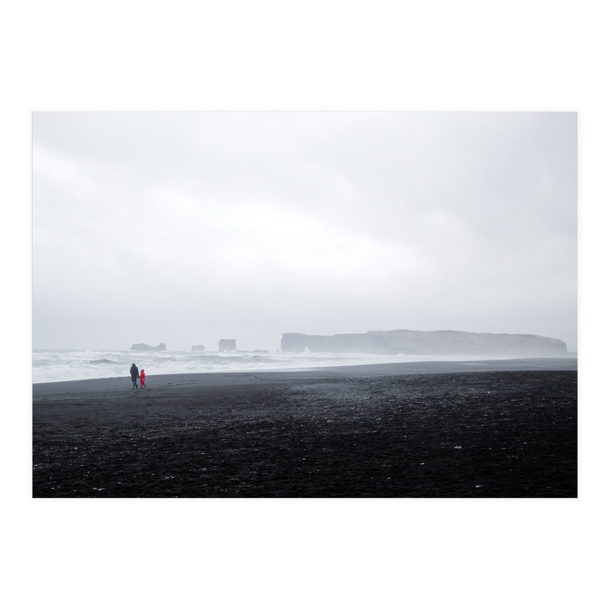 Family walking on the black sand beach - Iceland  (Print Only)
