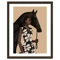 Woman In Bold Print With Black Horse