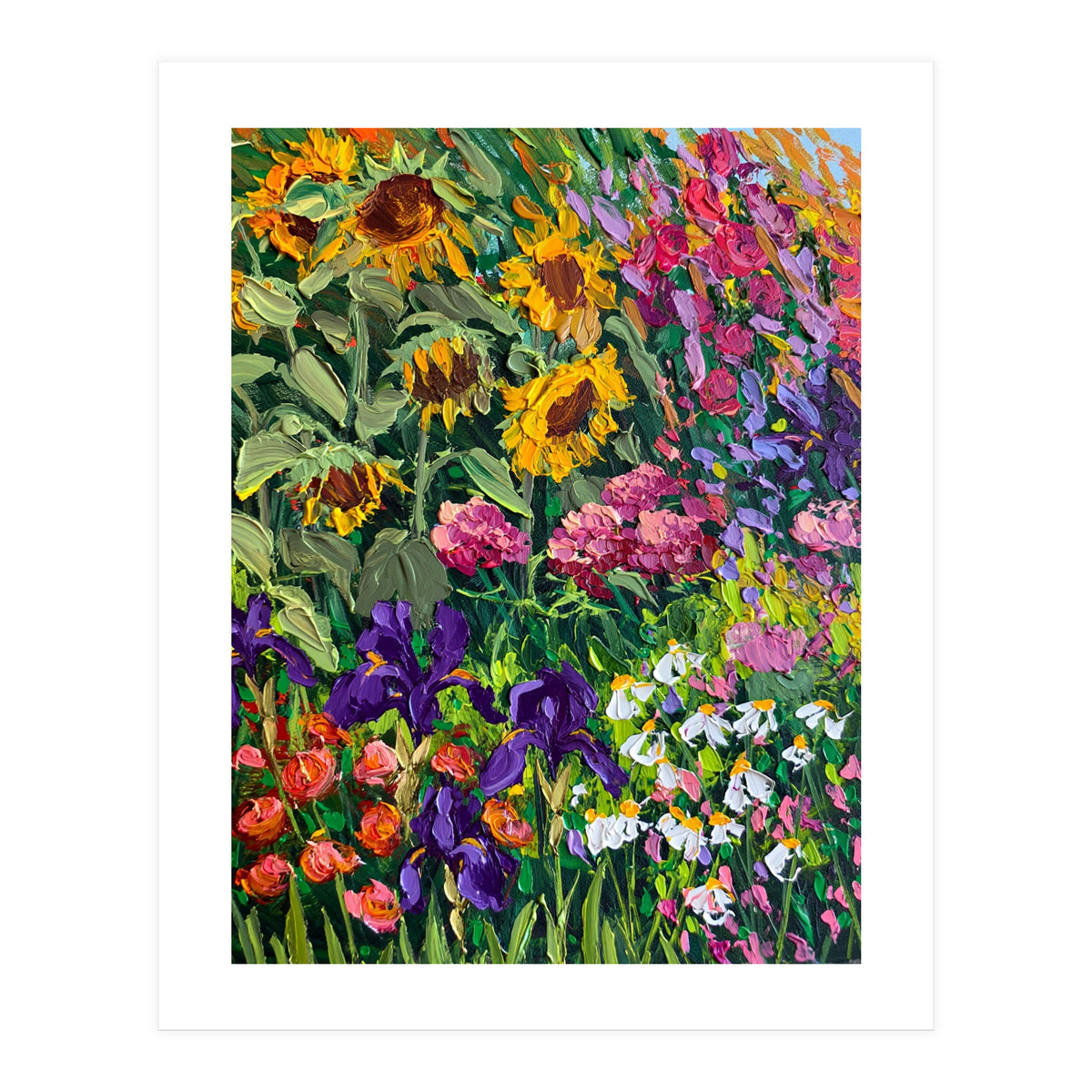 Vibrant Summer Sunflower and Iris Meadow Oil Painting (Print Only)
