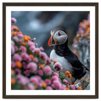 Puffin Bird Among Colorful Wildflowers In Bloom