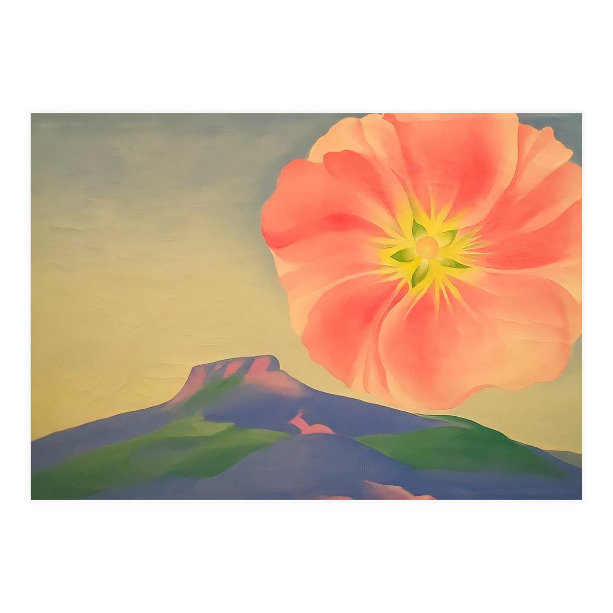 Georgia O’Keeffe – Hollyhock Pink with Pedernal (1937) | Vibrant Modernist Floral Landscape of New Mexico (Print Only)