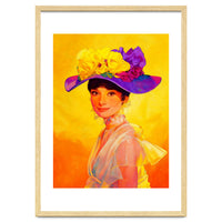 Audrey Hepburn Pop Art, Vibrant Floral Hat Portrait, Iconic Movie Star Illustration