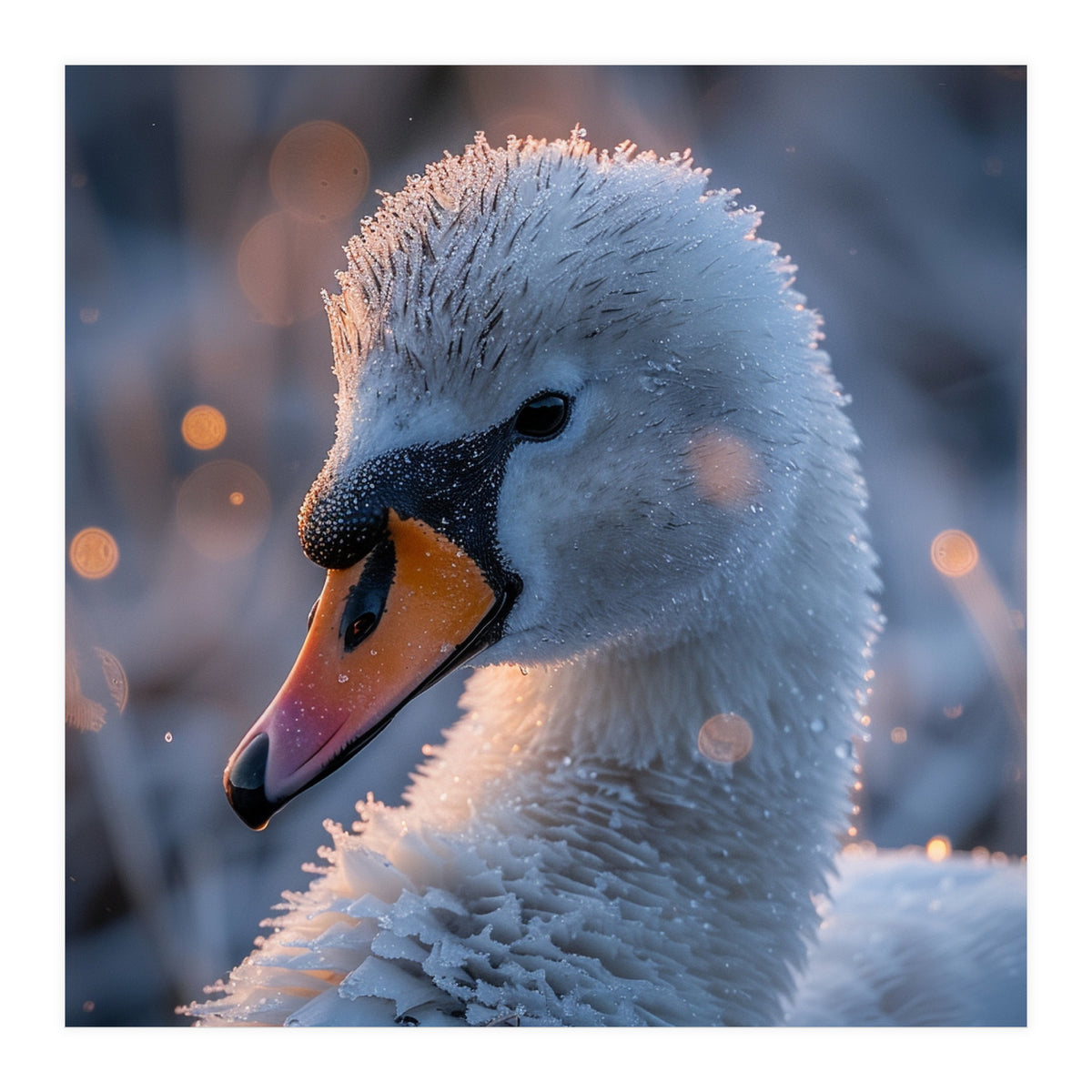 Close Up Frosty Swan Head During Golden Hour (Print Only)