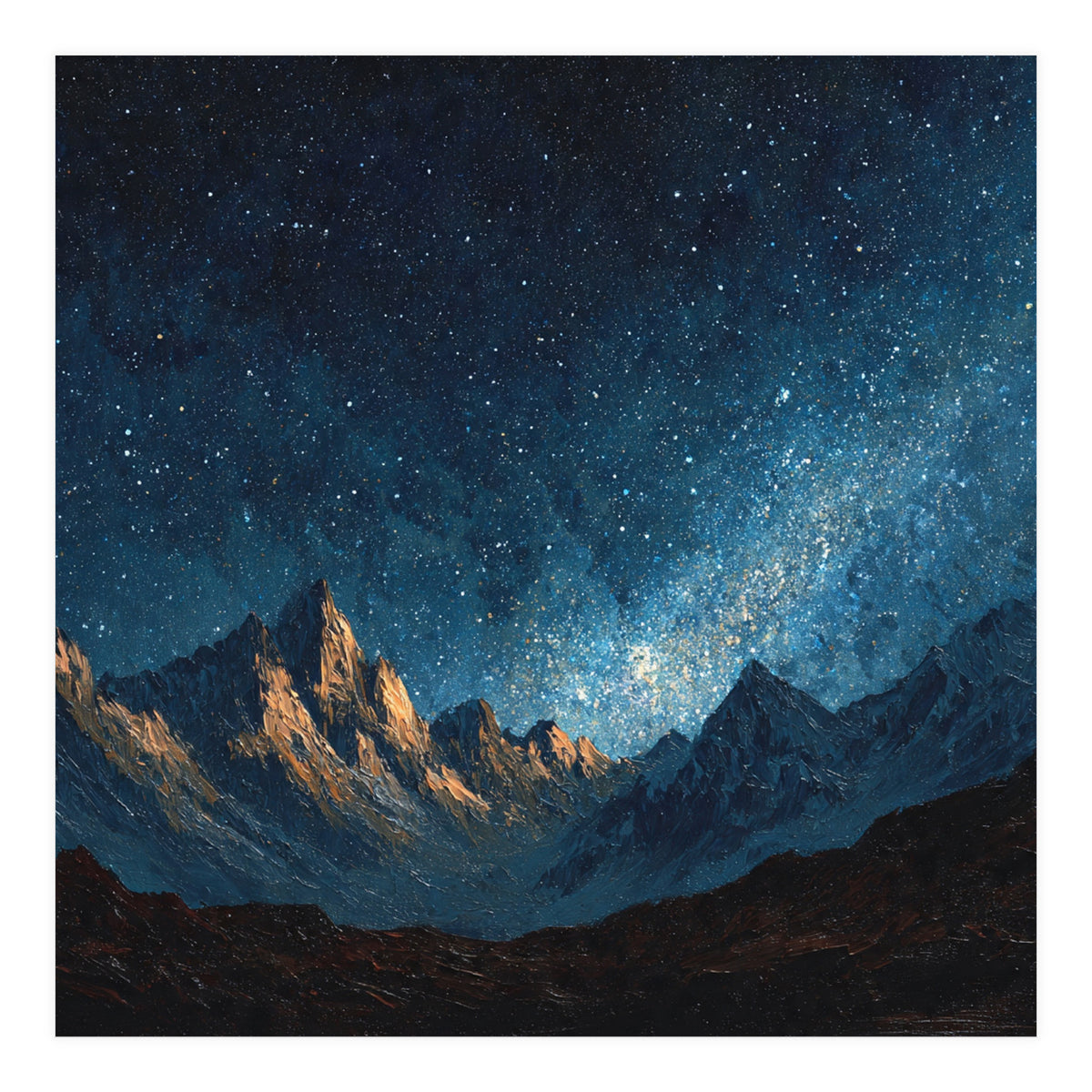 Starry Night Over Majestic Mountains Impasto Oil Painting Style (Print Only)