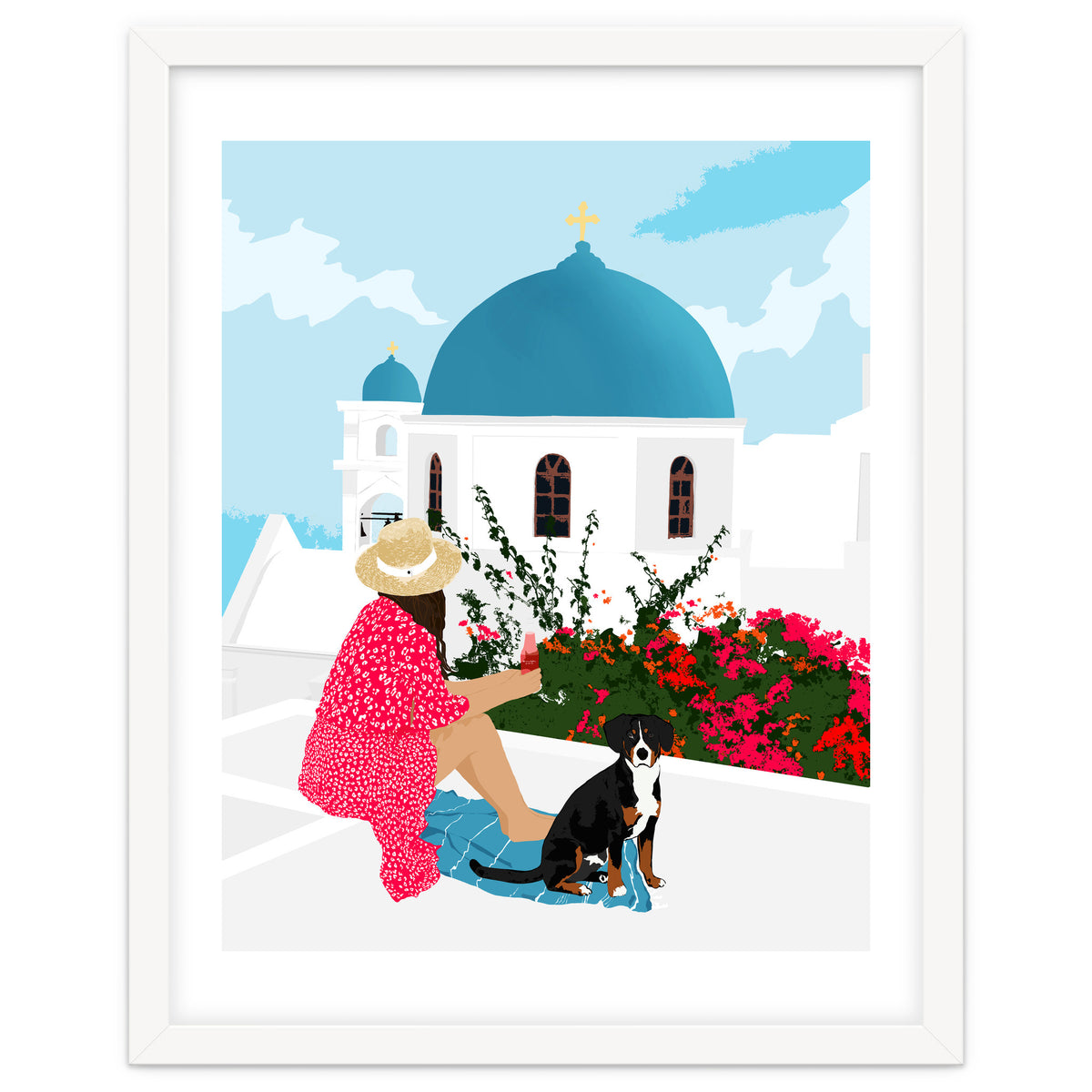 Greek Staycation, Pets Santorini Tropical Summer Travel, Dog White Buildings Architecture Fashion Bohemian