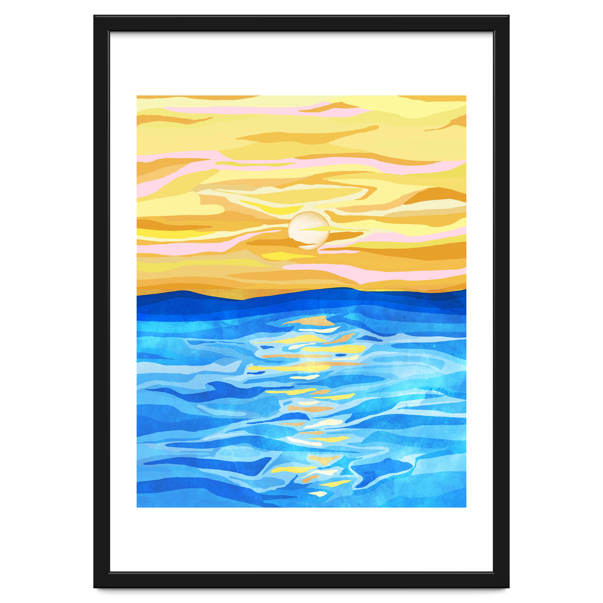 Sunsets & Romance, Ocean Watercolor Painting, Mosaic Eclectic Nature Landscape, Modern Boho Travel