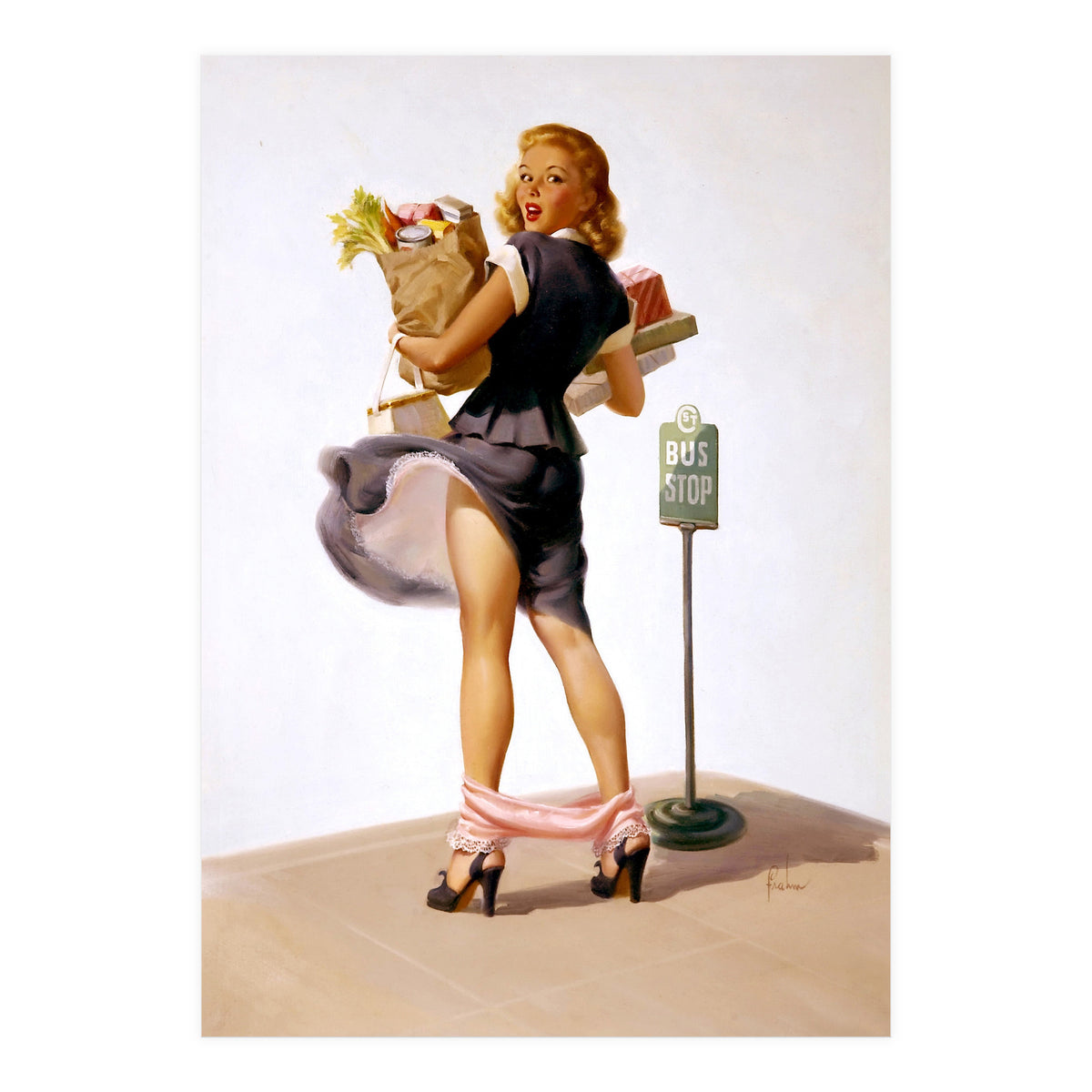 Pinup Sexy Girl Had Funny Accident On A Bus Stop (Print Only)