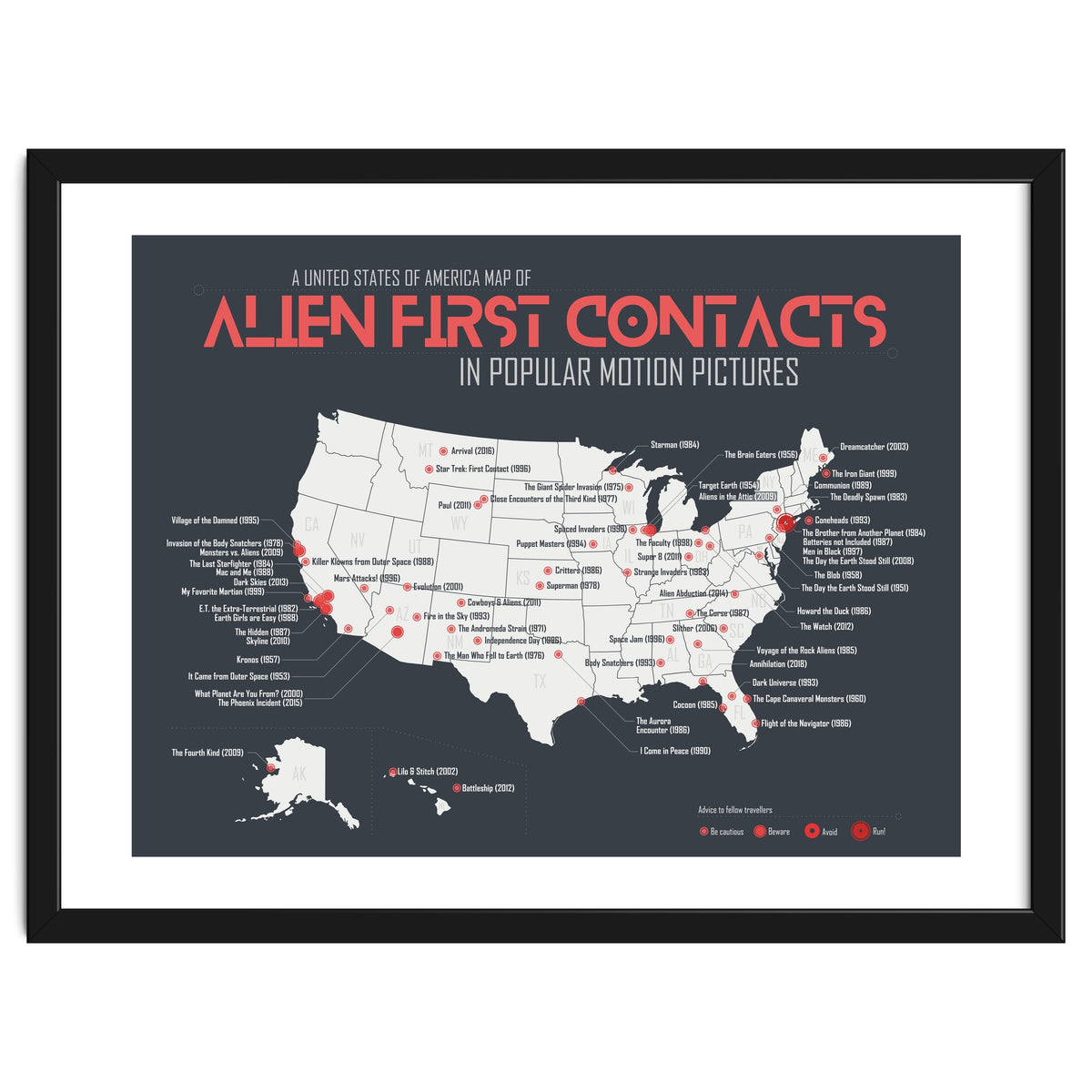 USA Map of Alien First Contacts in Movies