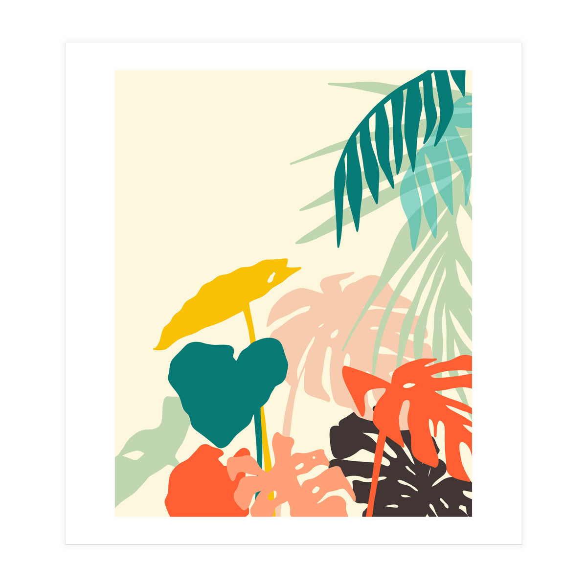 Tropical Nature, Botanical Pastel Jungle Plants Illustration, Minimal Bohemian Palm Monstera Forest (Print Only)