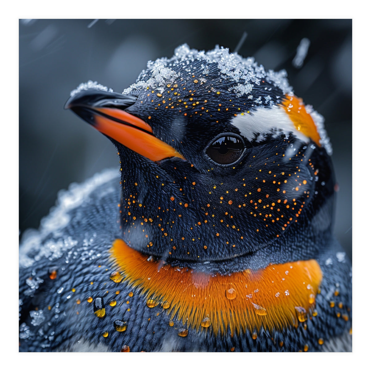Close Up Penguin In Snow With Water Droplets (Print Only)