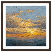 Atmospheric Golden Sunset Impasto Oil Painting Featuring Textured Clouds