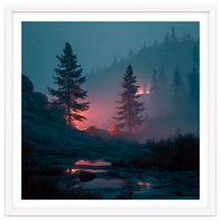 Atmospheric Twilight Pine Forest with Glowing Crimson Light