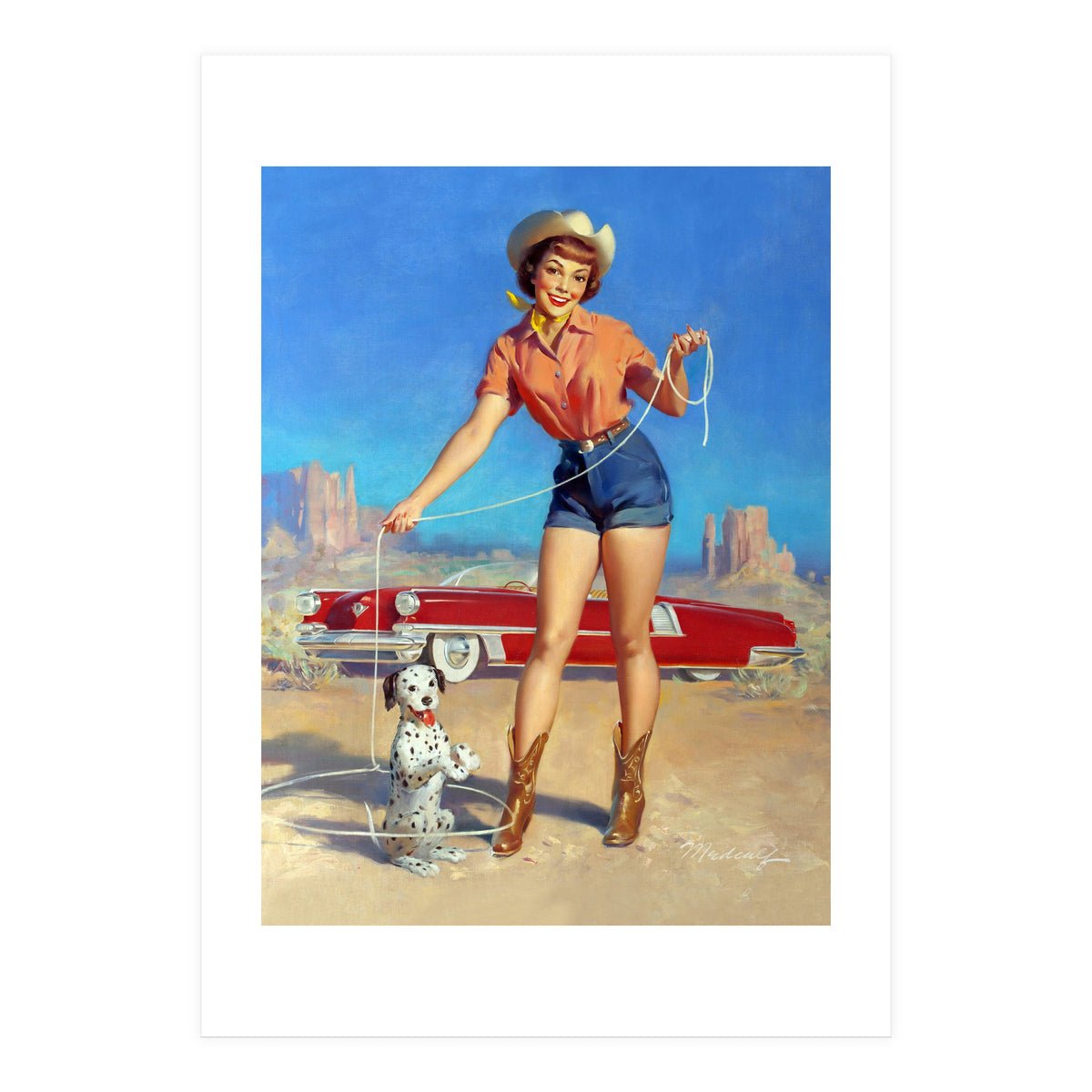 Pinup Cowgirl Showing A New Dog Trick (Print Only)