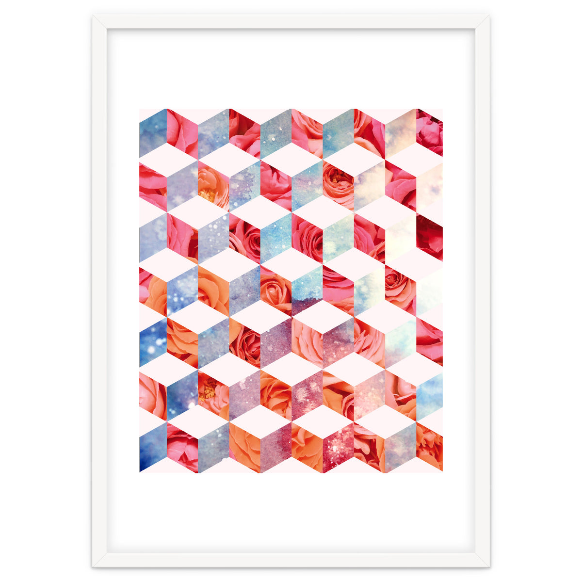 Eve's Sweet Garden of Roses, Geometrical Eclectic Shapes Digital Collage, Surrealism Floral illusion