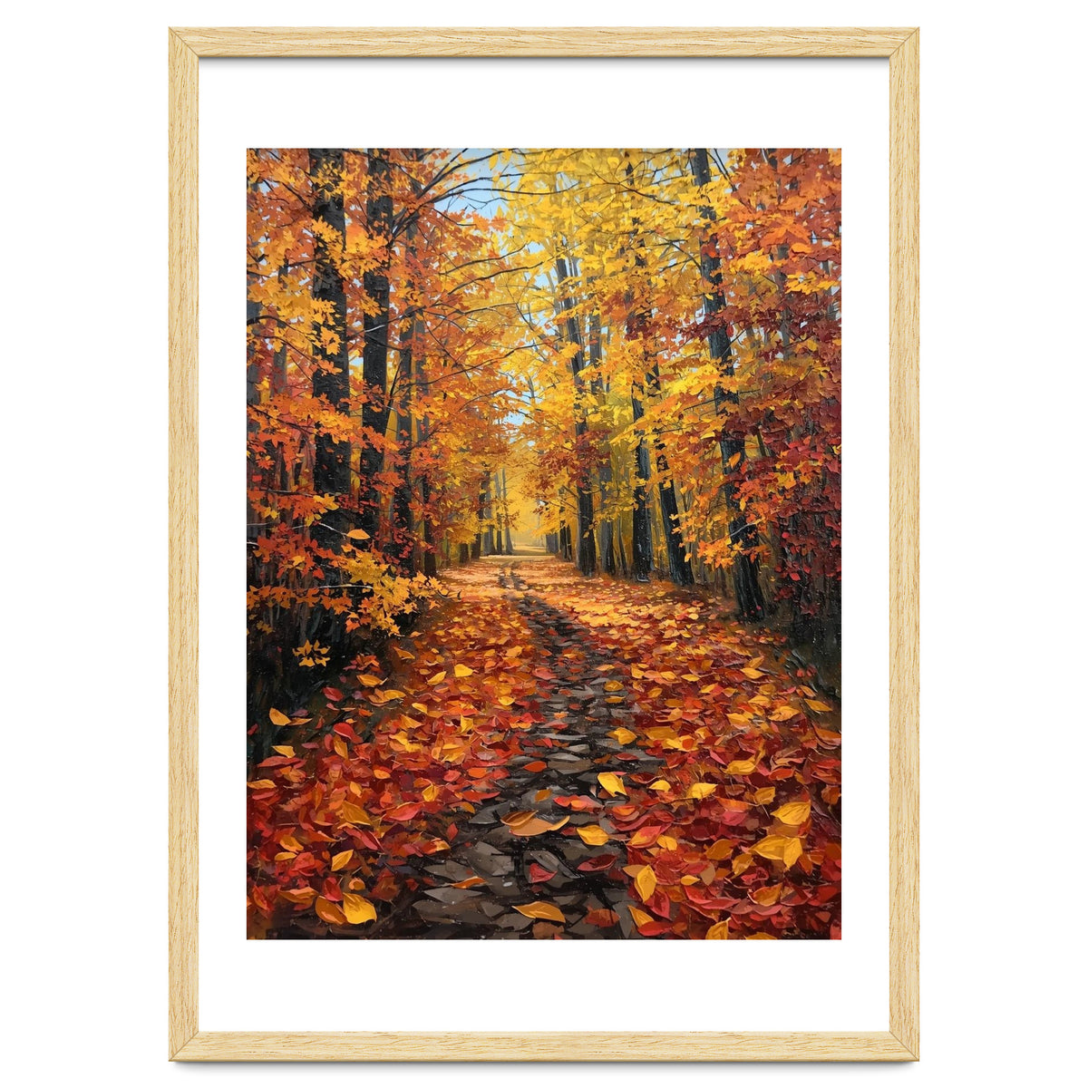 Sun-Drenched Golden Forest Path with Vibrant Autumn Foliage