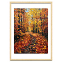 Sun-Drenched Golden Forest Path with Vibrant Autumn Foliage