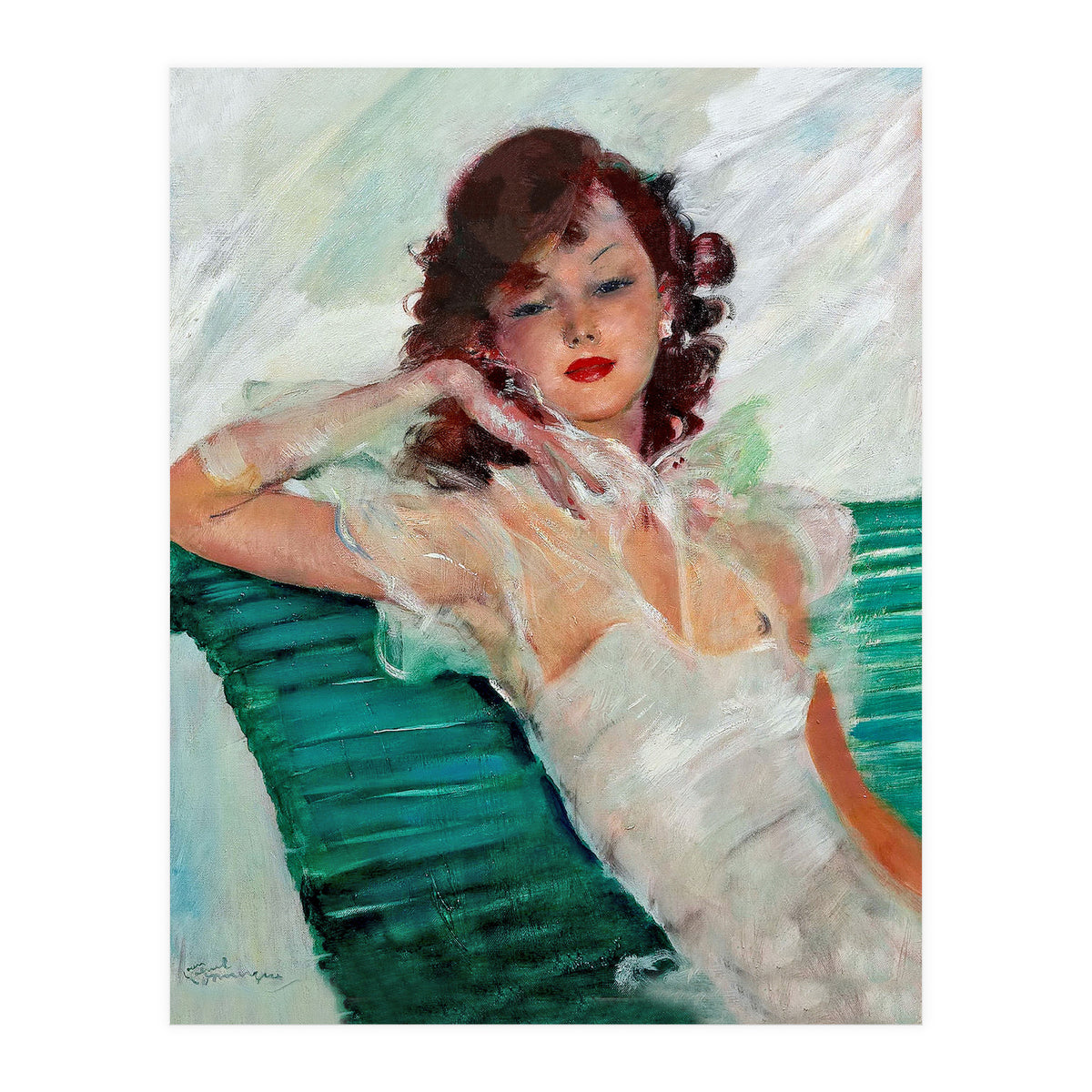 Girl Is Resting On A Green Bench, Watercolor Painting (Print Only)