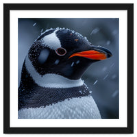 Close Up Penguin Portrait In Snowy Weather