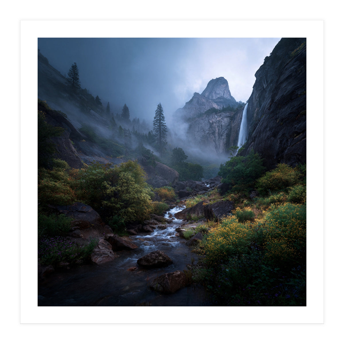 Majestic Misty Mountain Valley with Cascading Waterfall (Print Only)
