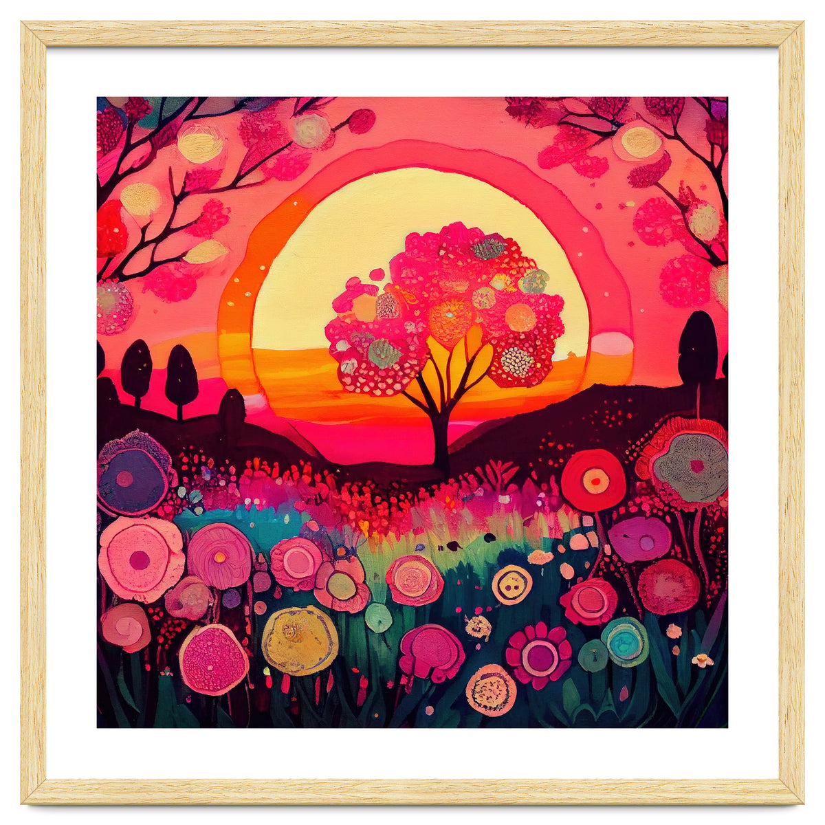 Folk Sunset Blossoming Tree