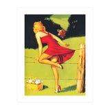 Pinup Girl In Red Dress Crossing The Barbed Wire While Looking At The Bull (Print Only) thumbnail