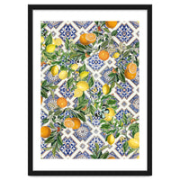 Blue Mediterranean tiles, lemons and oranges fruit