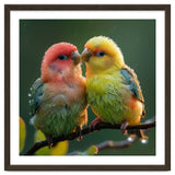 Two Lovebirds Perched On A Branch In Rain thumbnail