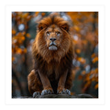 Majestic Lion Sitting On A Rock In Autumn Forest (Print Only) thumbnail