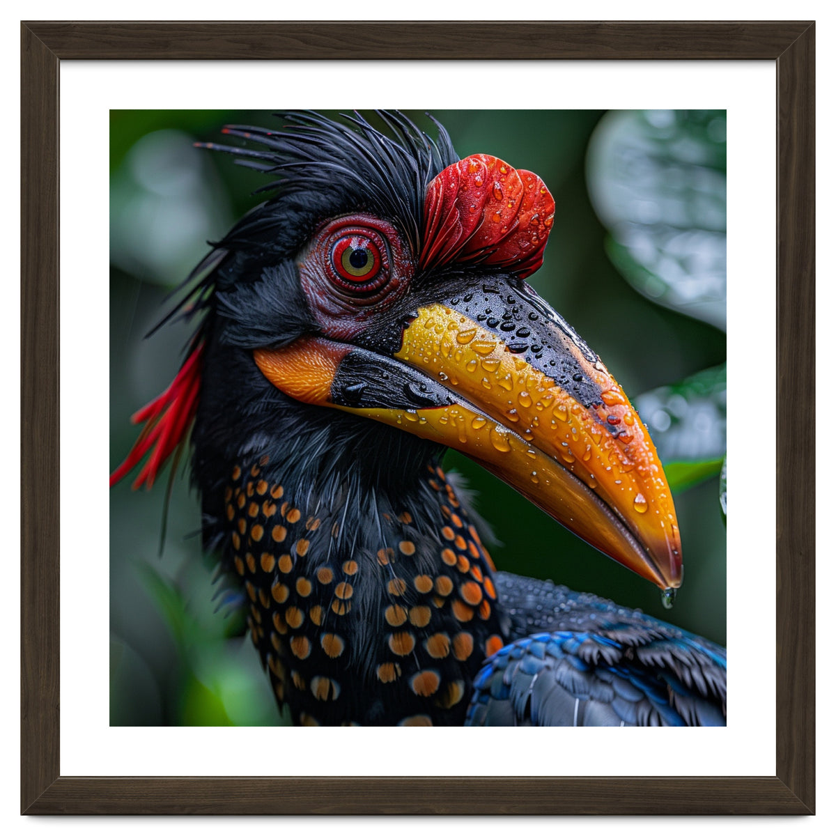 Close Up Of Helmeted Hornbill Bird In Rain