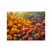 Radiant Summer Zinnia and Marigold Meadow Oil Painting (Print Only)