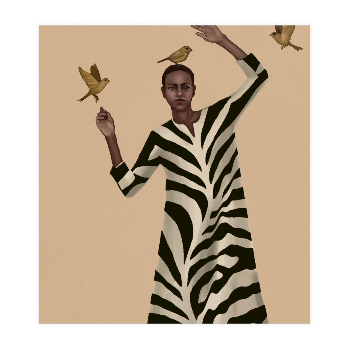 Woman With Birds And Zebra Pattern Dress (Print Only)